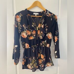 Stella Tweed Black Floral Zippered Blouse XS